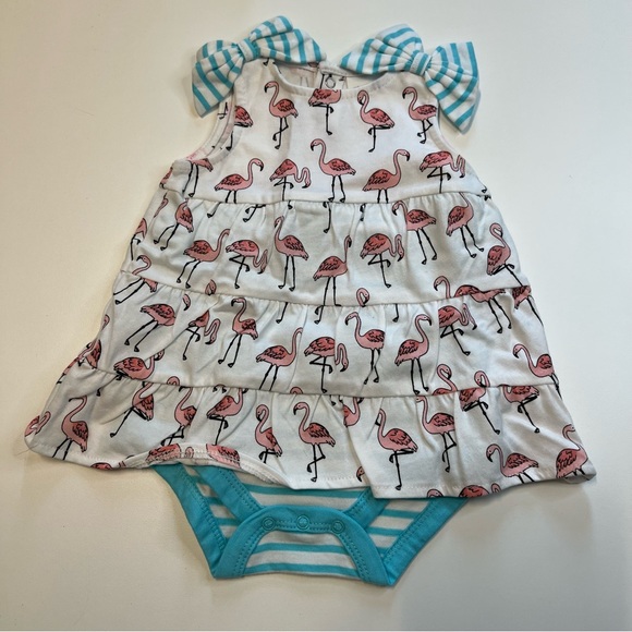 Starting Out White Dress w/ Pink Flamingo Pattern, Blue & White Striped Bodysuit - Picture 2 of 6